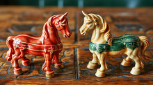 Two Ceramic Horse Figurines, One Red And One Green, Decorated With Gold Details, Standing Face To Face On A Wooden Table