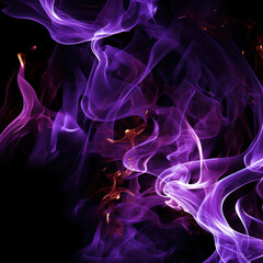 Tongues of purple fire on clear black background, purple flames and sparks background design