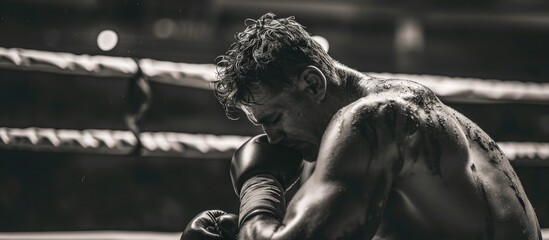 Wall Mural - Boxer exhausted in boxing ring after losing match, feeling pain and sadness from failed workout or exhibition.