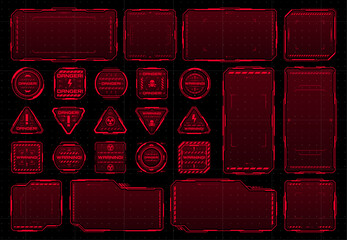 Leinwandbilder - HUD red warning frames, futuristic game screen borders and danger signs, vector UI interface. HUD futuristic cyber technology warning frames for dashboard screen, caution or hazard danger message box