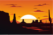 Sunset Over A Desert Mesa. Vektor Icon Illustation