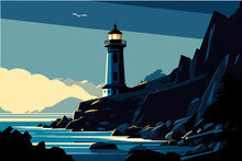 Lighthouse on a rocky shore. vektor icon illustation