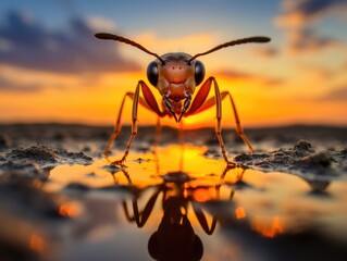 Poster - A wasp is reflected in the water at sunset. Generative AI.