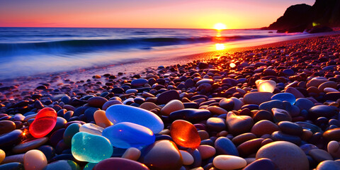 Wall Mural - Beautiful colored pebbles on beach - ai generative