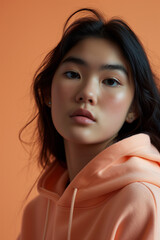 Wall Mural - Asian serious teenage girl wearing hoodie on peach background