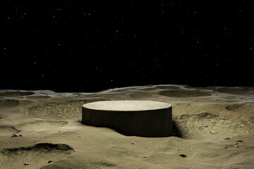 Wall Mural - 3d render background, stone podium on moon surface in the galaxy, backdrop darkness and light of the