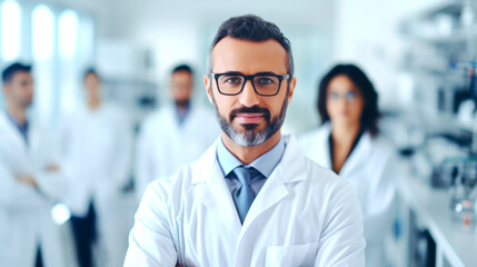 Portrait of happy arabic doctor handsome a man in workwear posing at modern clinic. AI generated