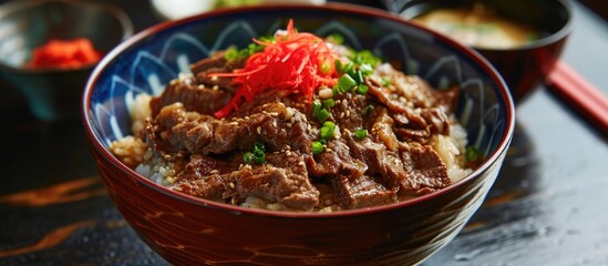 Wall Mural - High-calorie and high-fat traditional Japanese dish made with beef and rice called Gyudon.