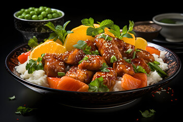 Wall Mural - Sweet and sour chicken, dramatic studio lighting and a shallow depth of field.  Placed on a reflective black surface.no.02