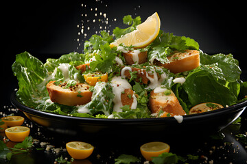Wall Mural - Caesar salads, dramatic studio lighting and a shallow depth of field. Placed on a reflective black surface.no.02