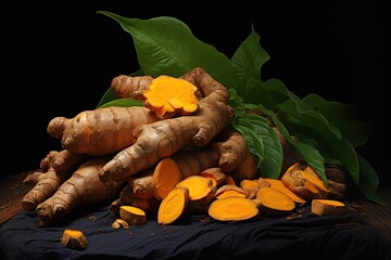 Wall Mural - fresh turmeric and turmeric slices with green leaf decoration behind them photographed on a black background. generative AI