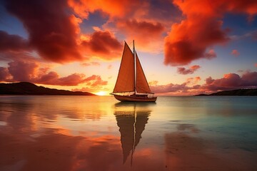 Wall Mural - A sailboat is floating in the water at sunset. Generative AI.