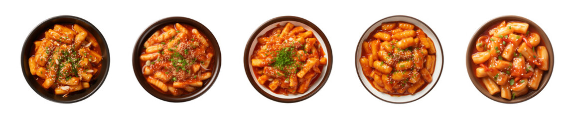 Wall Mural - Collection bowl of Korean food, tteokbokki isolated on a transparent background, top view 