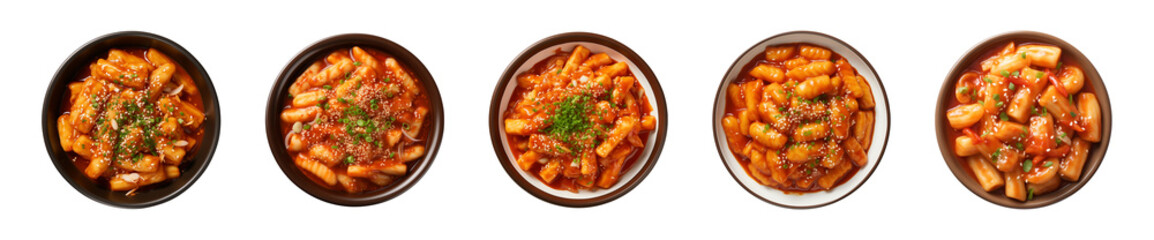 Collection bowl of Korean food, tteokbokki isolated on a transparent background, top view 