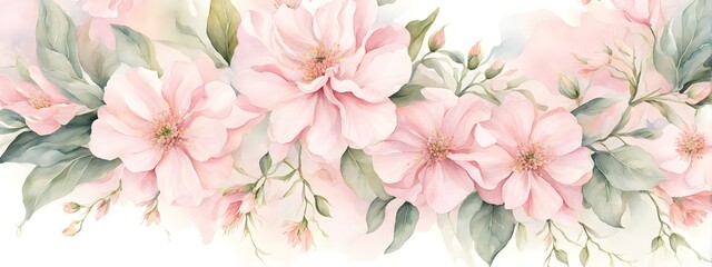 Naklejka na meble Water color banner with spring flowers on light pink background. Generative AI