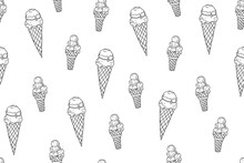 Seamless Pattern Of Ice Cream In A Waffle Cone And Waffle Cup. Great For Summer Dessert Menu Design, Banner, Sites, Packaging. Hand Drawn. Doodle Style.