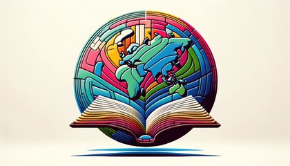 Religious global mission: Spreading the word. Illustration of an open bible or book with a colorful map of the world.