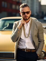 Bearded man in sunglasses standing in front of a yellow vintage car