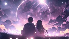 Cute Couple Watching A Beautiful Sparkling Sky With Big Moon. A Couple In Love Looks At The Stars. Valentine's Day. Color Illustration. Sparkling Galaxy. Romantic Valentine