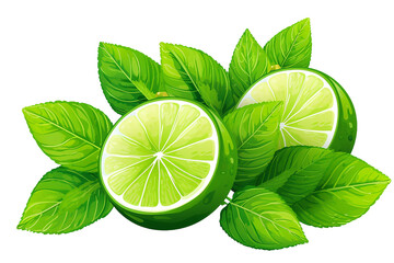 Wall Mural - Chopped Lime fruit with mint leaf isolated fresh lime. Green leaf lime isolated on white background. transparent background Generative Ai