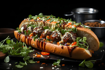 Wall Mural - Meatball Sub, dramatic studio lighting and a shallow depth of field. Placed on a reflective black surface.no.03