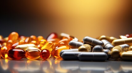 Wall Mural - Close-up of golden and dark pills and capsules on black background. Food dietary supplement. Side view. Generative AI