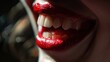 Lips stained with bright red, glossy lipstick, almost indecent or vampire-like.