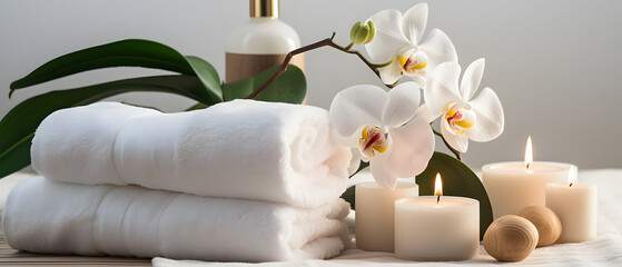 Spa set on white table, including beauty and fashion items. Spa towel with candle, plumeria, and tree also on table. with free space for text