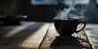 Steamy delight. Dark espresso cup on wooden table with aromatic hot coffee. Caffeine elegance. Vintage mug emitting steam on black background. Morning brew
