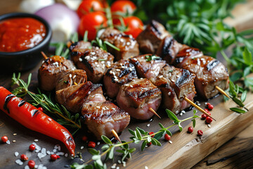 Wall Mural - Grilled Meat Skewers with Fresh Vegetables Delight