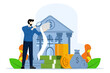 © FAHMI  - financial management concept. Character counting money for savings, analyzing public finance, saving money concept. Financial audit concept. Flat vector illustration on white background.