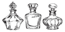 Set Of Bottles With Perfume, Vector Drawing In Sketch Style. Vintage Bottles