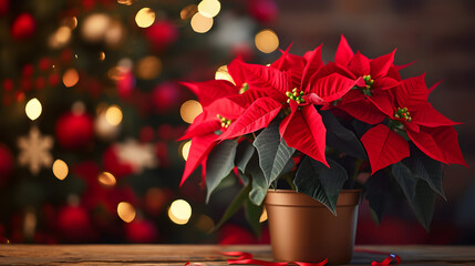 Wall Mural - Red poinsettia flowers growing in pot on wooden table against Christmas decorations background.