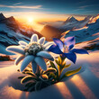 Edelweiss und Enzian in schneebedeckten Bergen im Sonnenuntergang