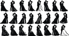 Bride And Groom Silhouette Set Icon, Wedding Silhouette Set Icon, New Family Vector Illustration	