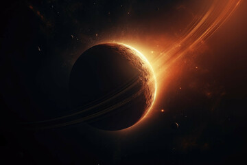 Wall Mural - a shot of a distant planet, with its atmosphere visible and its rings illuminated by the sun