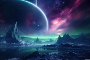 Wall Mural - a view of a distant planet with a bright, colorful aurora in the sky