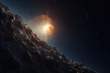 Wall Mural - a shot of a distant star, its light reflecting off of a nearby asteroid
