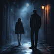 Man following woman in dark street, night, stalking, crime, mugger, scary worry violence, city danger silhouette life footsteps two people girl man, afraid.
