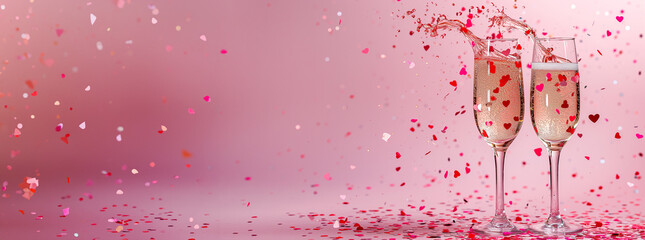 Two champagne glasses with splashes of confetti hearts on a pink background. copy space. Valentine's Day greeting card concept	