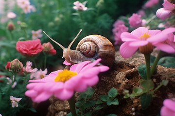 Poster - A snail with a shell made of flowers.