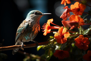 Poster - A Sunbird sipping nectar from a trumpet-shaped flower, its metallic plumage glinting in the dappled sunlight.