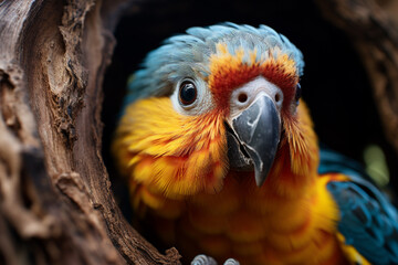 Poster - A curious Parrot peeking out from a hole in a tree trunk, its multicolored feathers camouflaging it within its surroundings.