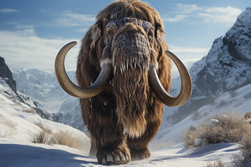 Poster - A photorealistic render of a majestic woolly mammoth standing in a snowy landscape, with long tusks and shaggy fur.