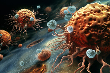 Poster - A medical illustration or graphic depicting cancerous cells invading and attacking healthy brain tissue, showing the destructive nature of brain cancer.