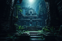 An Ancient Temple In A Mysterious Jungle, Illuminated By The Light Of A Full Moon