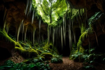 A hidden cave entrance in the midst of dense foliage, leading to an underground world of stunning stalactite formations.