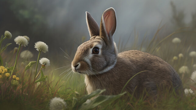 A hyper-realistic image of a pet rabbit surrounded by rolling hills and wildflowers, capturing the bunny's fur details and the openness of the idyllic meadow. Utilize natural light to enhance the real