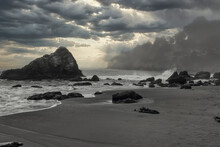 Picturesque Landscape Of Muir Beach, California In The Late Afternoon, Shrouded In A Subtle Fog