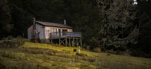 Poster - a small cabin on a slope with a fence and a porch